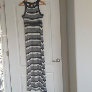 Blue/cream striped maxi dress with partially open back, size Large